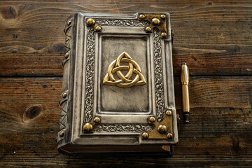 White leather book with the triquetra symbol 