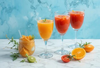 A glass of orange juice surrounded by fresh oranges and tomatoes