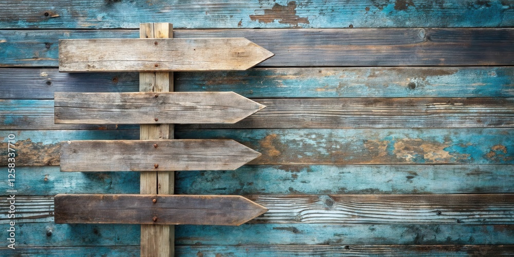 Poster rustic wooden signpost with three weathered arrows against a distressed teal plank background