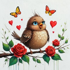 A whimsical illustration of a playful brown bird singing while perched on a blossoming branch