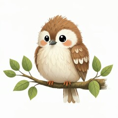 Obraz premium A cute cartoon bird with a plump body and large, expressive eyes sits on a tree branch