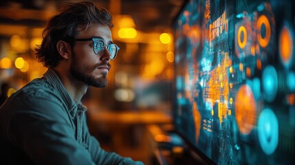 Man intently studies vibrant digital world map.