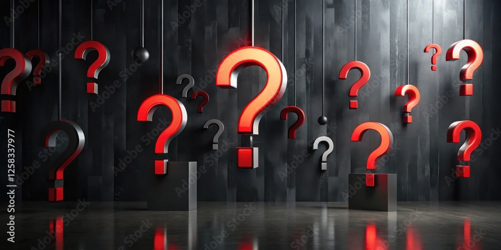 Fototapete intriguing enigma suspended question marks in dark setting