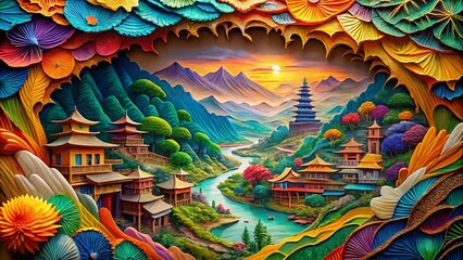 Panoramic Ripped Paper Art: Intricate Layered Texture Design