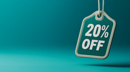Teal discount tag with '20% OFF' on a teal background.