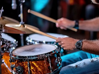 Naklejka premium Primer plano de un baterista tocando una batería acústica en un ambiente de concierto, con movimiento dinámico de las baquetas y reflejos en los tambores