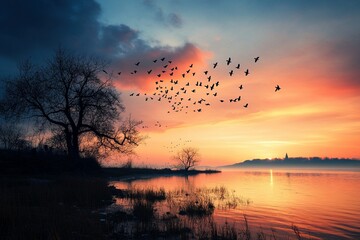 Bandada de aves volando sobre un lago al atardecer, con árboles silueteados y un cielo colorido reflejado en el agua, creando una escena tranquila y evocadora