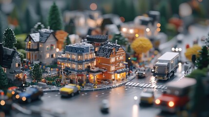 Obraz premium Miniature city at night, detailed buildings, cars, people. Possible use in a children's educational project or in a presentation