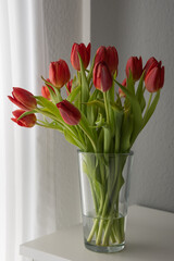 Bouquet of red tulips in a glass vase on a white table