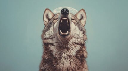 Majestic Wolf Howling Against a Soft Blue Sky Background