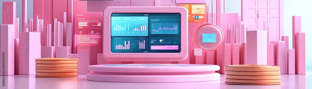 Poster a pink-themed digital workspace featuring a computer displaying analytics, surrounded by cylindrical