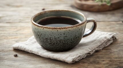 A rustic coffee cup sits elegantly on a soft cloth, showcasing rich black coffee. Ideal for coffee lovers and cozy lifestyle imagery.
