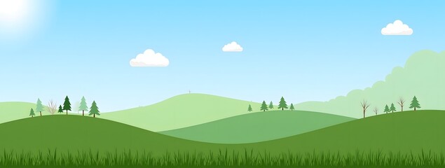 Obraz premium Sunny day over green hills with trees and clouds in serene landscape