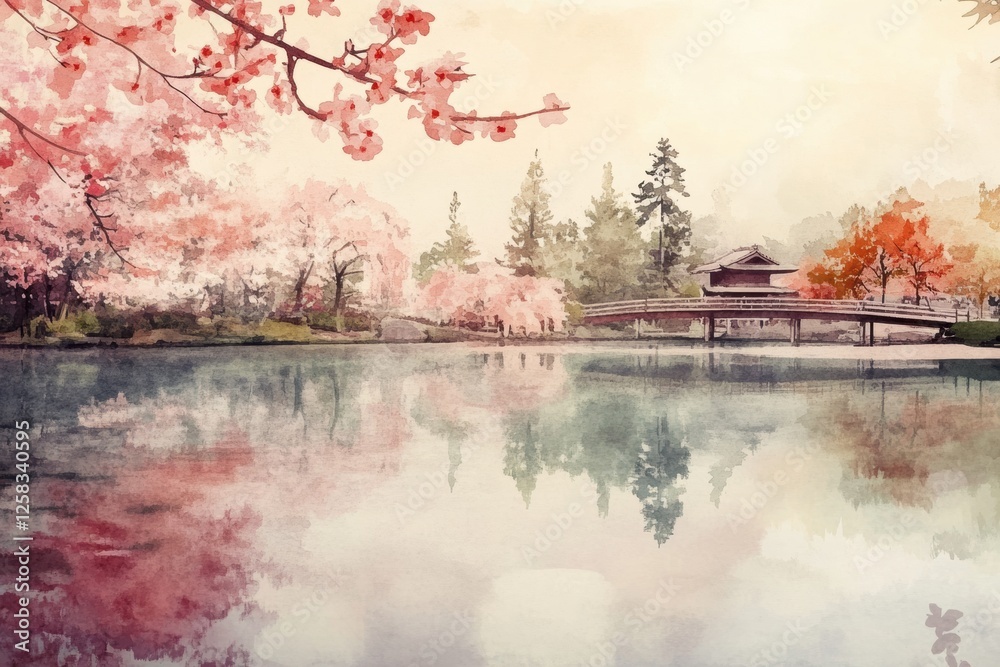 Aufkleber cherry blossoms in full bloom reflect on tranquil lake in serene park during early spring. generativ