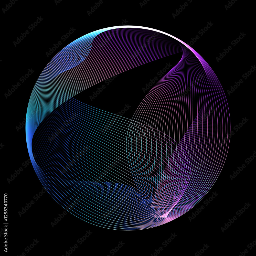 Poster Abstract vector round shape of wavy lines flowing smooth curve colorful spectrum light on black background in concept of technology, science, music, modern.