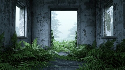 Fototapeta premium Abandoned Room Overgrown with Ferns and Nature's Embrace