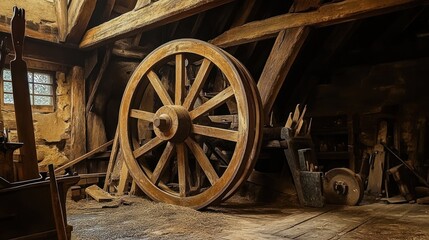 Obraz premium A rustic wooden wheel resting in an old attic, surrounded by vintage tools and rustic decor, showcasing the beauty of craftsmanship and history.