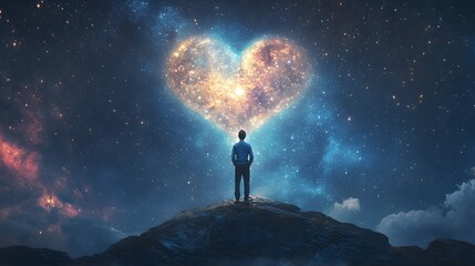 Obraz premium Neon Heart, Observed by a Person, on a Dark Starry Night, Abstract Image, Texture, Pattern Background, Wallpaper, Cover and Screen of Smartphone, PC, Laptop, 9:16 and 16:9 Format