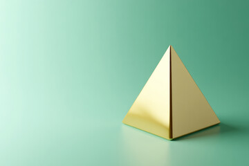 simple triangular shape in gold, gently rotating against a light green background, creating a minimalist, sleek aesthetic with soft shadows enhancing its elegant simplicity.