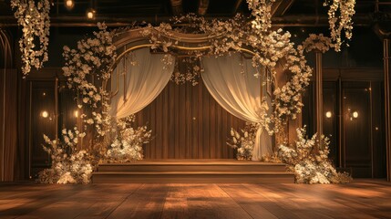 Obraz premium Elegant Wedding Ceremony Setup: A Romantic Wooden Venue Adorned with Delicate Floral Arrangements and Soft Lighting