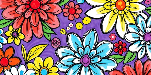 Vibrant Floral Pattern Background with Colorful Blossoms and Leaves