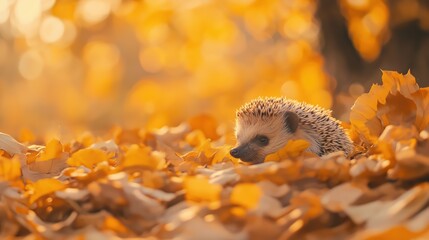 Obraz premium Small Mammal In Fall Leaves Golden Light and keywords hedgehog,autumn,fall,leaves,golden,yellow,brow