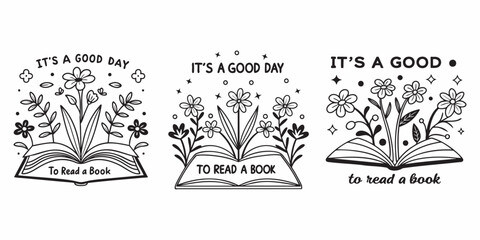 Inspirational Black and White Illustration of Open Books with Flowers and "It's a Good Day" Message