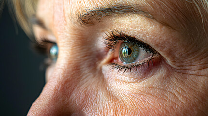 Closeup facial of woman's eyes with wrinkles, crow's feet at the corners of eyes. Cosmetic skincare treatment