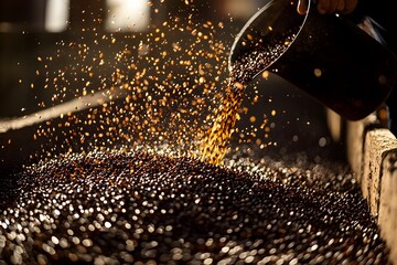 Coffee Bean Cascade: A captivating image of coffee beans pouring from a rustic metal pot, creating a dramatic spray of dark, rich, aromatic beans that evokes the senses.  