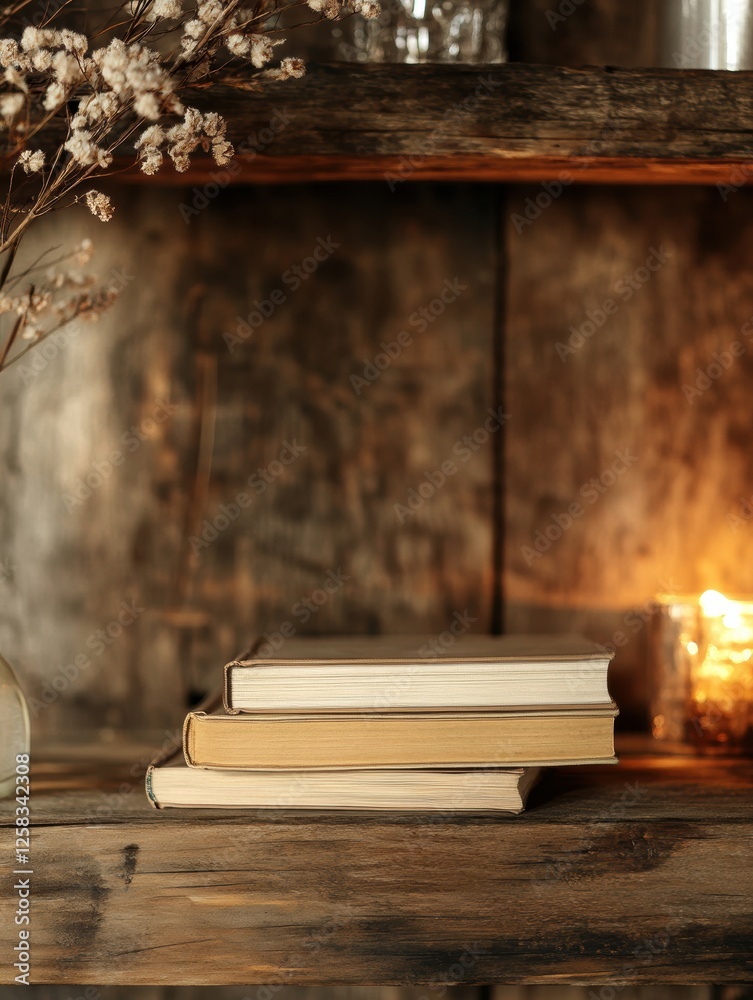Fototapete Rustic wooden shelf with a stack of books and soft candlelight in a cozy atmosphere. Generative AI
