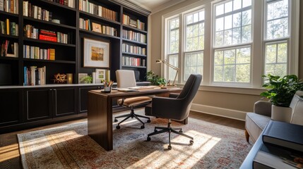 Sunlit home office with built-in bookshelves, desk, and chairs.
