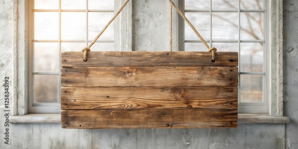 Poster rustic wooden sign hanging from rope in front of window