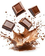 Delicious Chocolate Pieces Falling into a Chocolate Splash on a Clean White Background