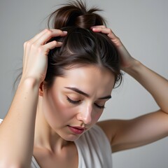 Naklejka premium Young caucasian female with dark hair in thoughtful pose