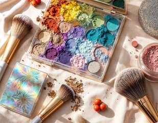 makeup brushes and makeup products on a table. Colorful Eyeshadow Palette and Brushes
