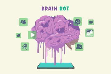 Brain rot melted down to smartphone screen while icons and signs about social media and content stayed around that. Loss of focus due to addiction to low quality content.
