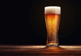 A tall glass of golden beer with frothy foam sits on a rustic wooden table against a dark background, illuminated warmly. Ideal for brewery promotions, bar menus, and beverage branding