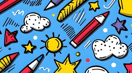 Fototapeta premium Colorful Bright Playful Background with School Supplies and Clouds