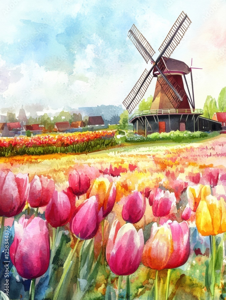 Aufkleber colorful watercolor illustration of tulip fields and a windmill in a vibrant spring setting. generat