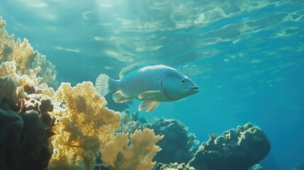 Fototapeta premium Blue Fish In Coral Reef Underwater Scene, 