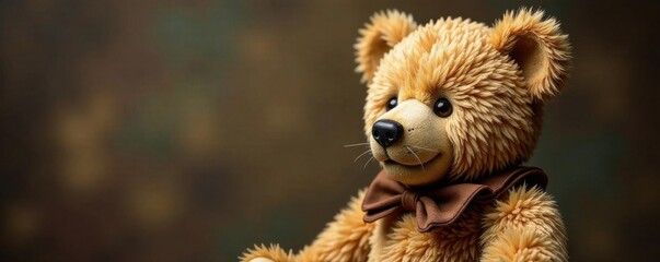Illustration of classic teddy bear in sepia tone with worn-out fur and wooden collar , retro, vintage, wood texture