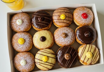 A beautiful box of donuts opened on the table.