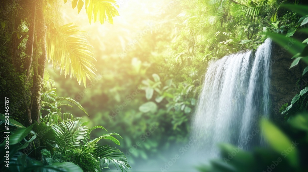 Poster waterfall cascading amidst lush greenery in a tropical rainforest during golden hour. generative ai