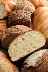Whole and cut loafs of bread on table, closeup