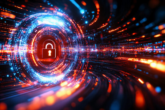 Quantum encryption concept in communication, lock symbol with quantum bits in dynamic motion representing advanced security and technology in modern communication systems