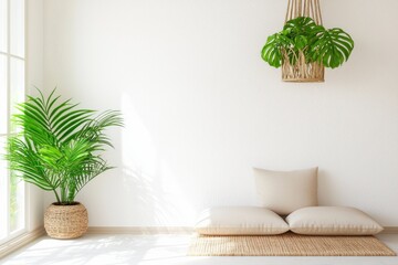 A serene, minimalist interior featuring soft pillows, a woven rug, and lush greenery, creating a tranquil and inviting atmosphere.
