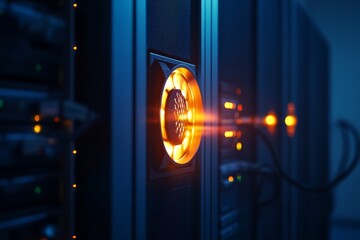 Server Room Network Data Transfer: Glowing Orange Light