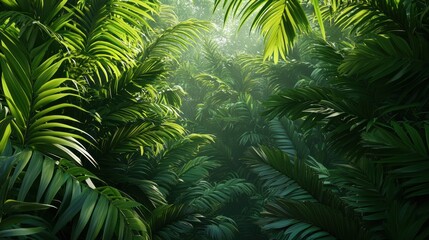 Fototapeta premium Lush Green Tropical Jungle with Sunlight Filtering Through Leaves