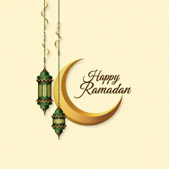 Traditional Ramadan Festival Background with Golden Crescent and Lamps
