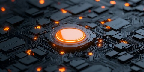 Cryptocurrency tokens secure concept. Abstract circuit board with glowing elements and a central illuminated feature.